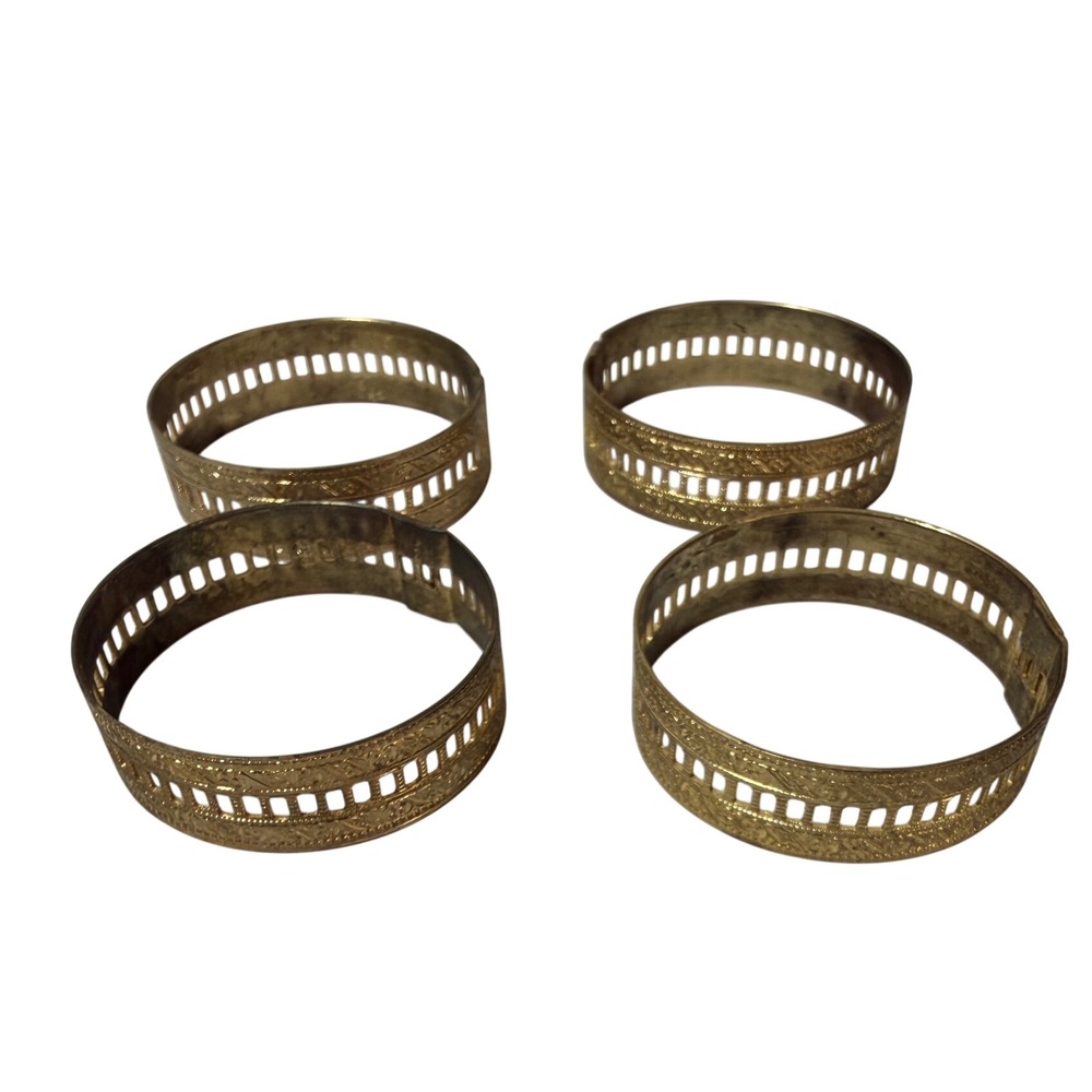 Vintage Brass Napkin Rings Set of 4 Openwork Filigree Embossed Gold Tone Decor